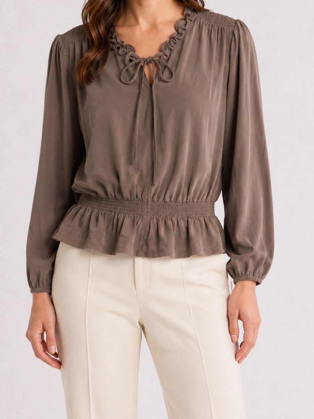 Elie Tahari Taupe Peplum Blouse Size M Tie Neck Ruffle Long Sleeve